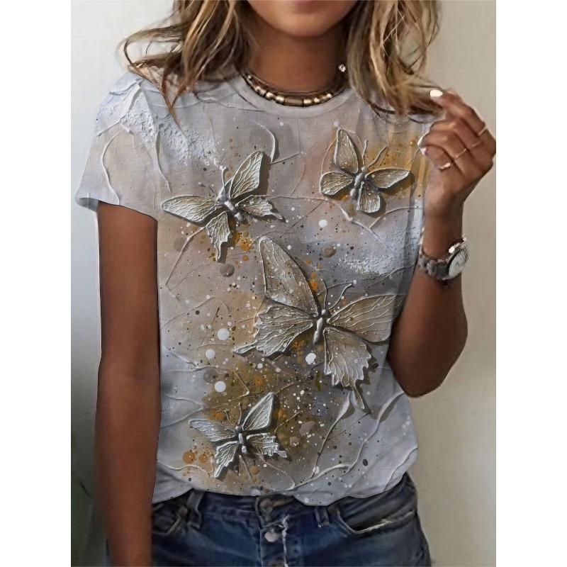 

3D Fashion Butterfly Pattern T-shirt, Spring and Summer Casual Short-sleeved Tops, Women s Clothing XL
