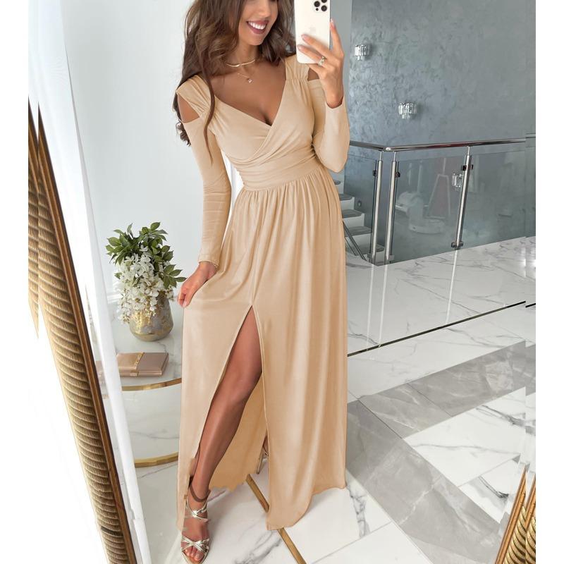 Herbst und Winter Neue Langarm V-Ausschnitt Einfarbig Saum Offene Gabel Kleid Weibliche