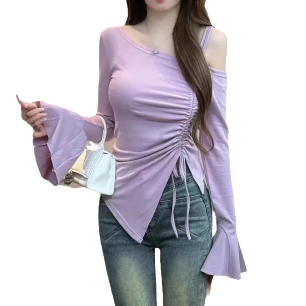Cotton Off-the-shoulder Long-sleeved T-shirt Women's Spring and Autumn Korean Version Irregular Slim-fitting and Thin Sweet and Spicy Bottoming Shirt