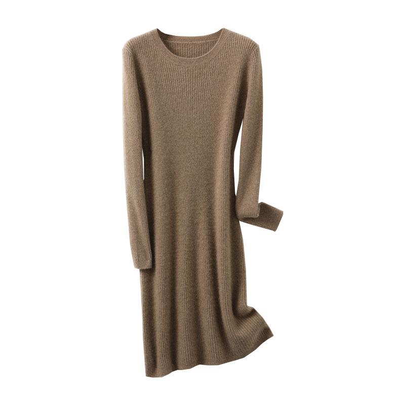 Women's Medium Slim Cashmere Wool Knee-Length Knit Dress - Round Neck, Autumn/Winter Base Layer
