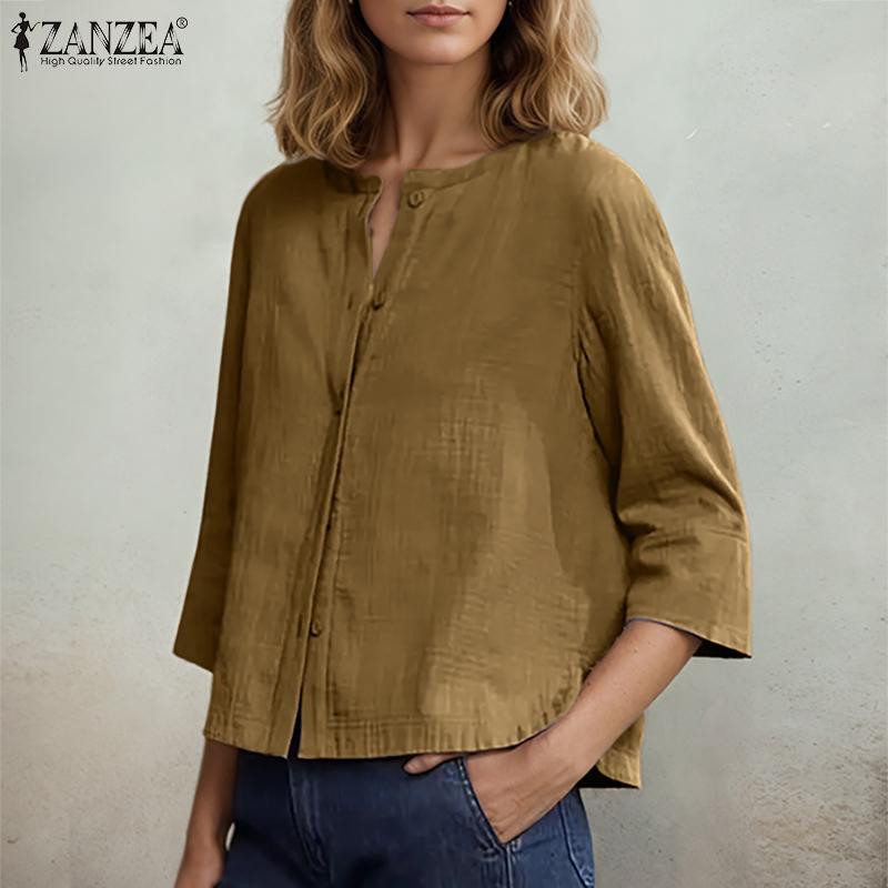 ZANZEA Women Casual Round Neck Loose 3/4 Sleeve Blouse