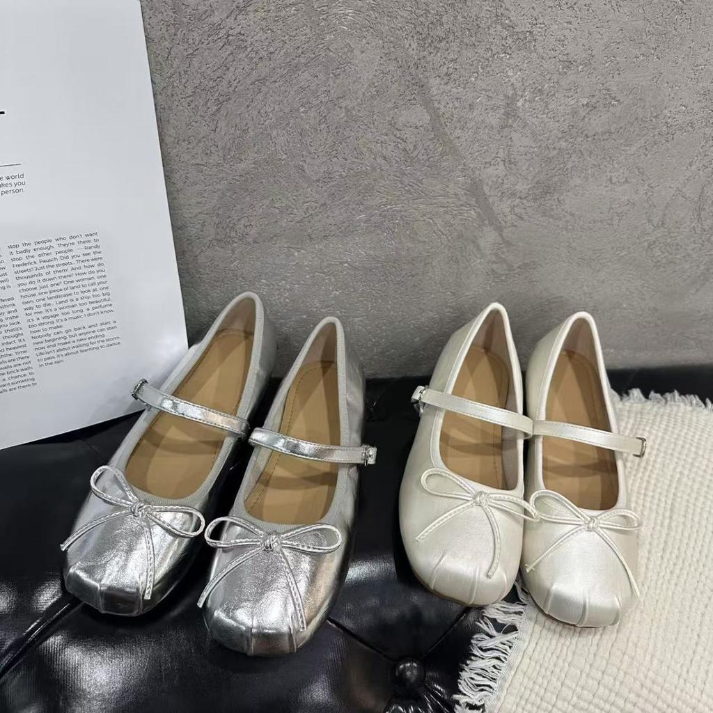 French Flat-bottomed Silver Bow Versatile Mary Jane Shoes 2025 New Summer Light Mouth with Skirt Ballet Shoes