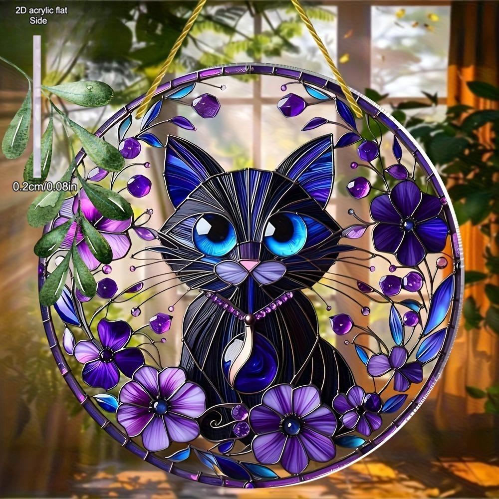 Cat & Purple Floral Theme Sun Catcher Acrylic Hang Sign, Nurseries, Vintage Home Decor Wall for Bar Kitchen, Restaurant Shop Wall Decor, Garden Decor