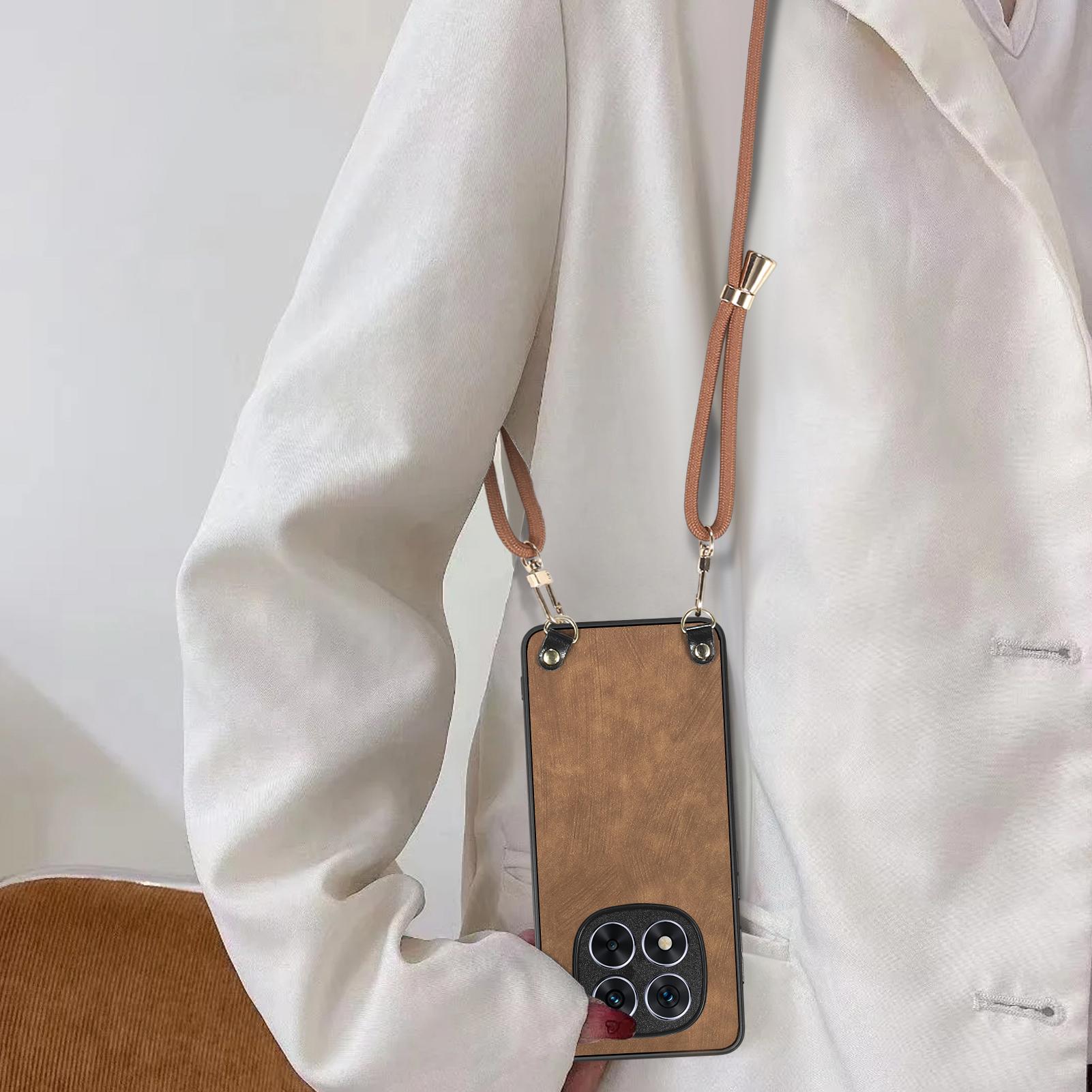 

Для Xiaomi Redmi Note 14 Pro 5G Ретро Кожаная Задняя Крышка Телефона с Регулируемым Ремешком Brown