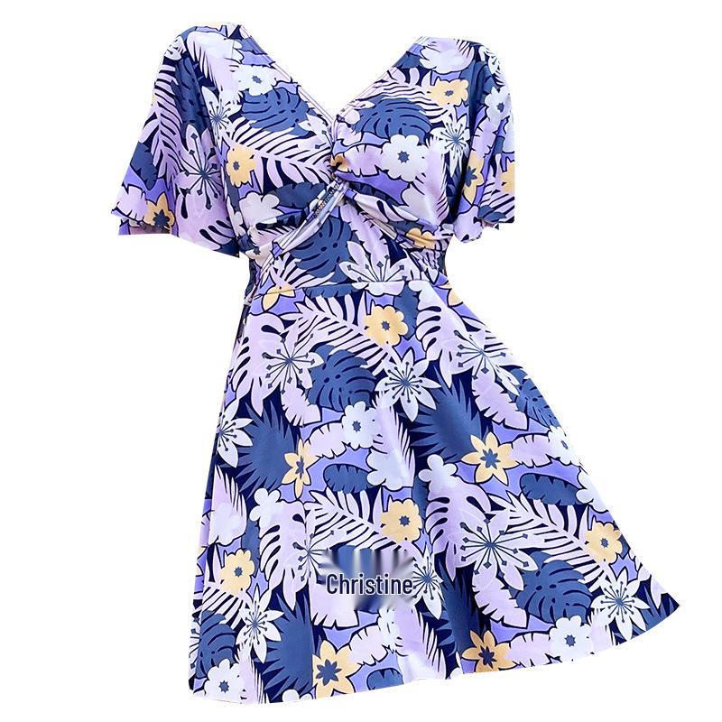 Plus Size Women's Tummy Control Slimming One-Piece Skirted Swimsuit - Conservative Fashion Print
