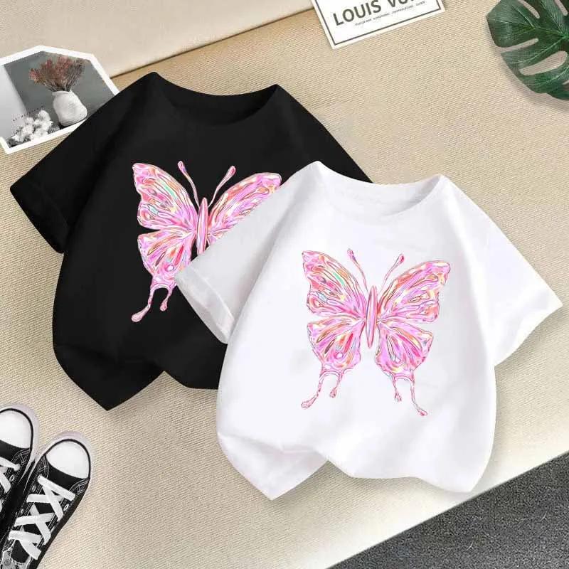 Beautiful Butterfly Print T Shirts For Girls Summer Children Casual Cute Colorful Tops Kids Comfortable Oneck Short Sleeve Tees