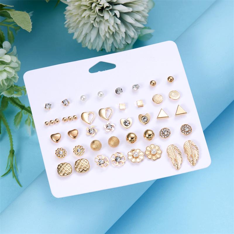European & American Gold Fashion 12-Pair Rhinestone Stud Earring Set: Hearts, Feathers, Figure 8, Stars