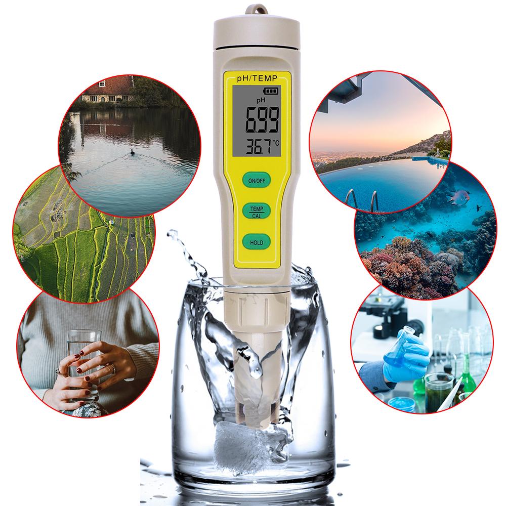 Hochpräzises PH-Meter 2 in 1 Wasserqualitätstester PH-Temp-Detektor ATC Wasserdicht Säuremessgerät PH-Teststift für Aquarium Pool