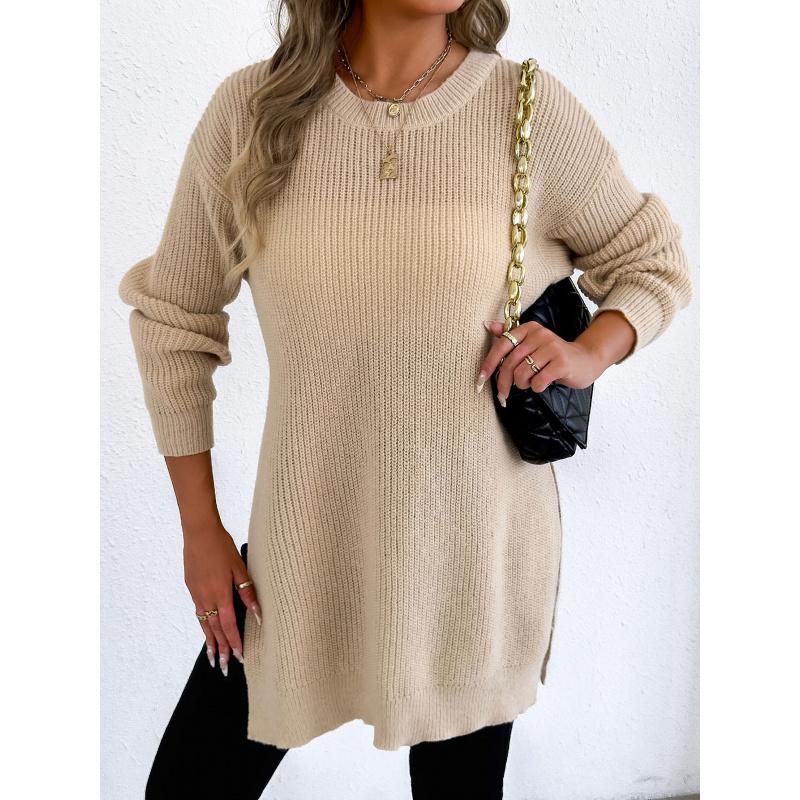 Women's Autumn Winter New Pullover Sweater Round Neck Split Knitted Casual Sweater
