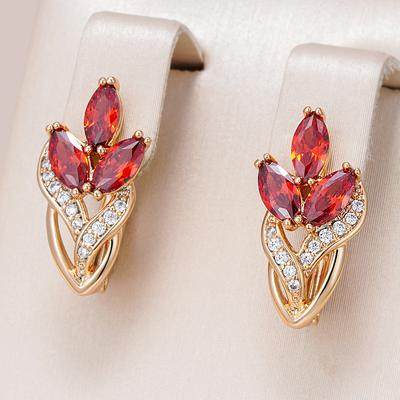 Neue Roségoldfarbene Kristallblatt-Hängeohrringe für Damen Rot Natürlicher Zirkon Accessoires Party Täglich Vintage-Schmuck