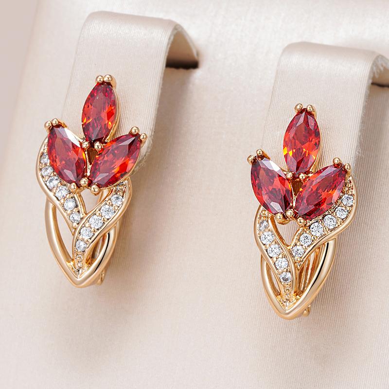 New  Rose Gold Color Crystal Leaf Drop Earrings For Women Red Natural Zircon Accessories Party Daily Vintage Jewelry