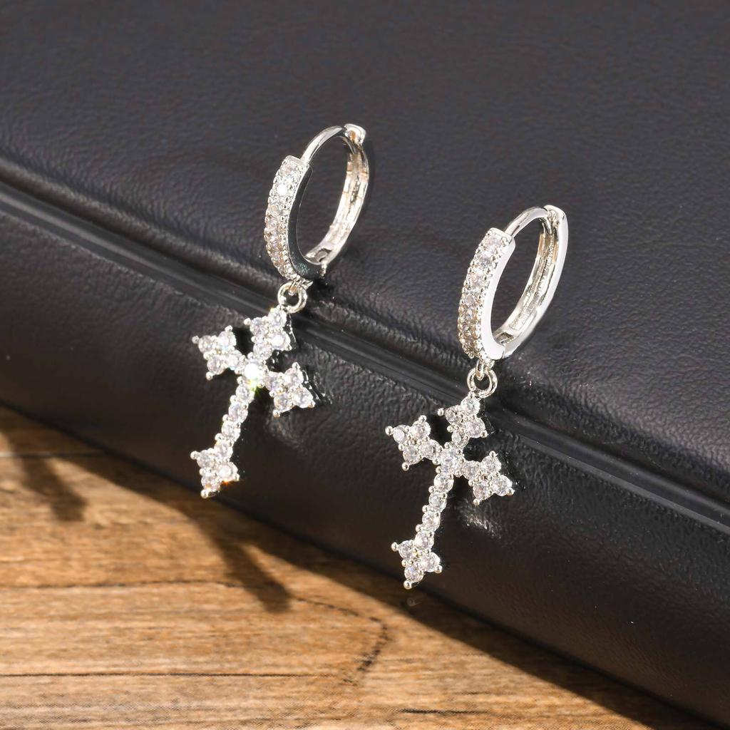 Full Cubic Zirconia Stones Cross Earrings Men Women,sparking Rhinestones Cross Dangle Earrings Gothic Punk Jewelry Gift