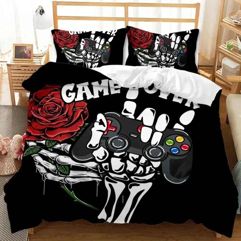 Gaming Duvet Cover Set Sugar Skull Gamer Bedding Spider Web Halloween Polyester Duvet Cover Kids Juvenile Hand Skeleton Gamepad