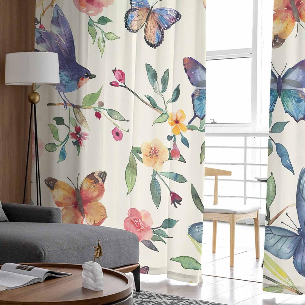 Flowers Birds Watercolors Leaves Sheer Curtains for Kids Bedroom Living Room Voile Window Curtains Tulle Drapes