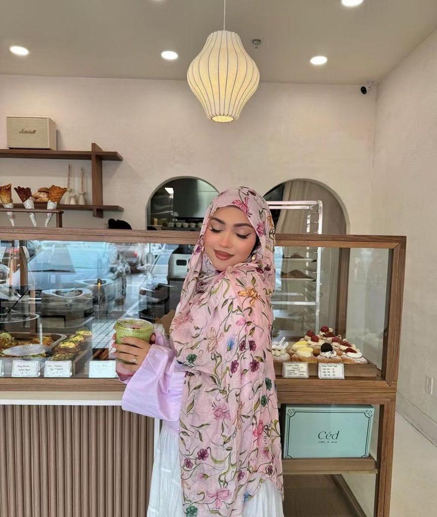 Watercolor Series Cotton Satin Printed Ethnic Headscarf Shawl for Women, 180x80CM.