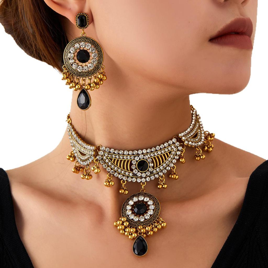 Vintage Ethnic Rhinestone Necklace & Earrings Set