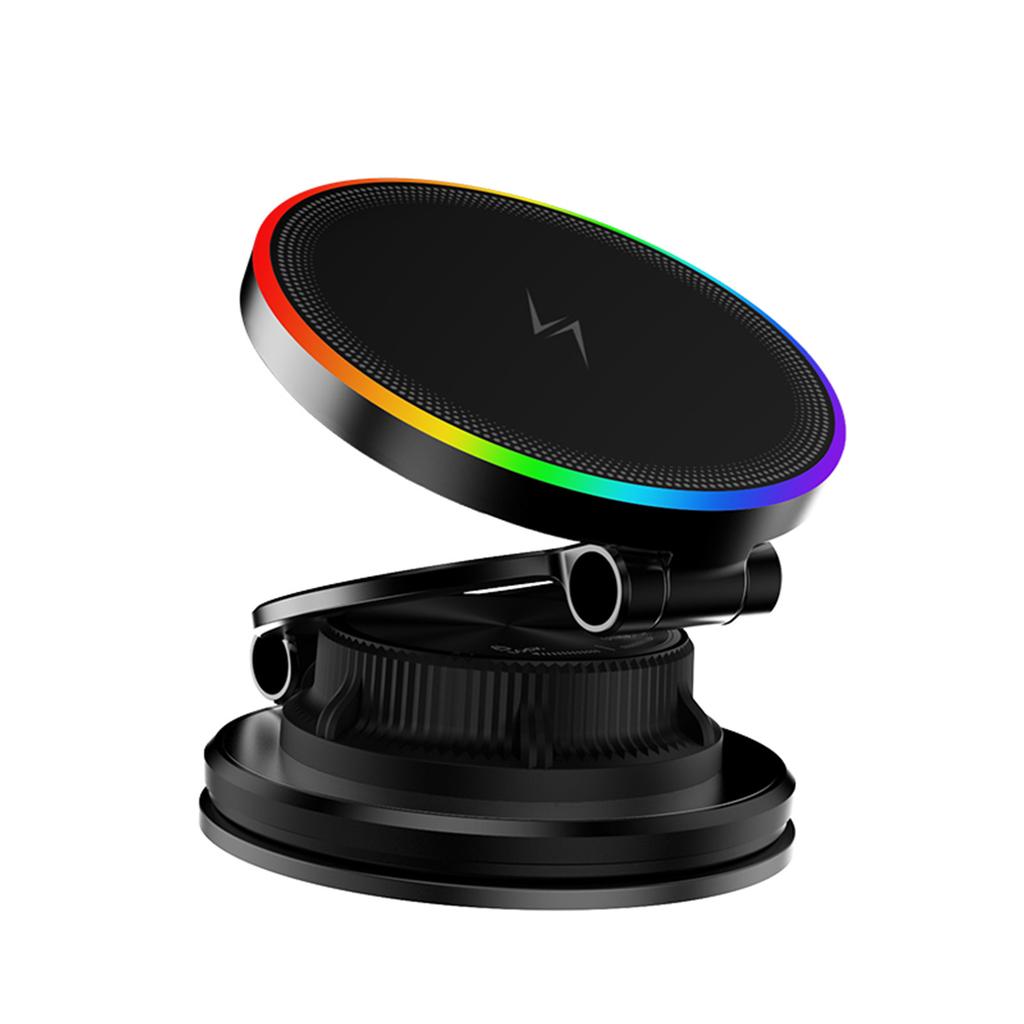 Magnetic Wireless Phone Holder, 15W Fast Charging with Suction Cup and Ambient Light, Multi Angle Adjustable Mount for