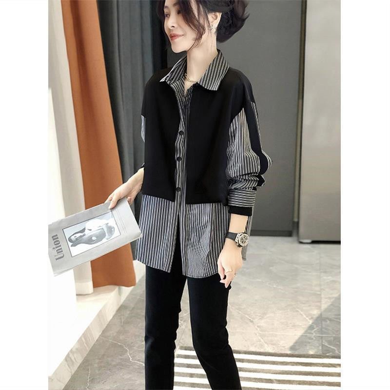 Striped long-sleeved women's shirt loose Hong Kong style fashion shirt fake two-piece splicing top 1116 new women's clothing