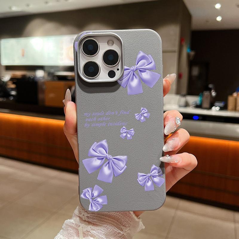 Solid Color Bowknot Patterned Leather Texture Phone Case for iPhone 16 Pro 15 14 Plus 13 12 Pro Max 11 Shockproof Matte Soft Tpu Slim Case Cover