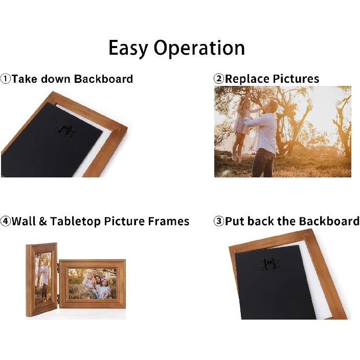 5X7 Double Wooden Hinged Picture Frame Vertical and Horizontal in Distressed Farmhouse Wood Grain, Display 4x6 with Mat or 5x7 without Mat, Folding