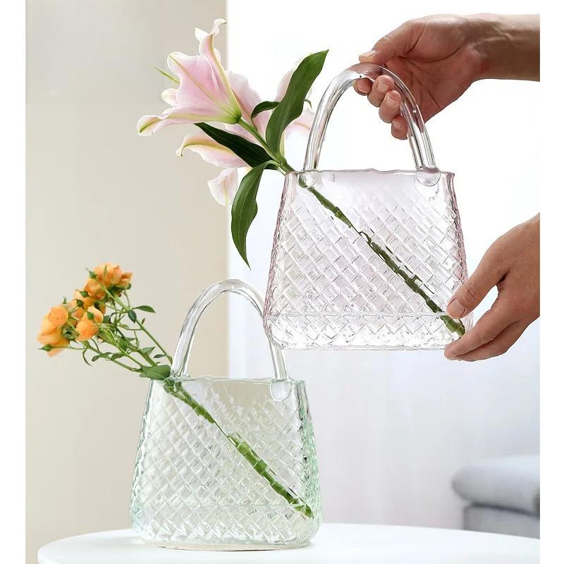 Ästhetische Gewebemuster Handtasche Glasvase Transparent Bunt Hydrokultur-Vase Mini-Aquarium Foto-Requisite Modernes Zuhause Tischdekoration