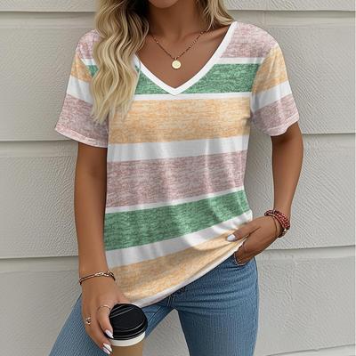 Zomer Dames Gestreept Print Oversized T-shirt Retro Mode Casual V-hals Dames Korte Mouwen T-shirt