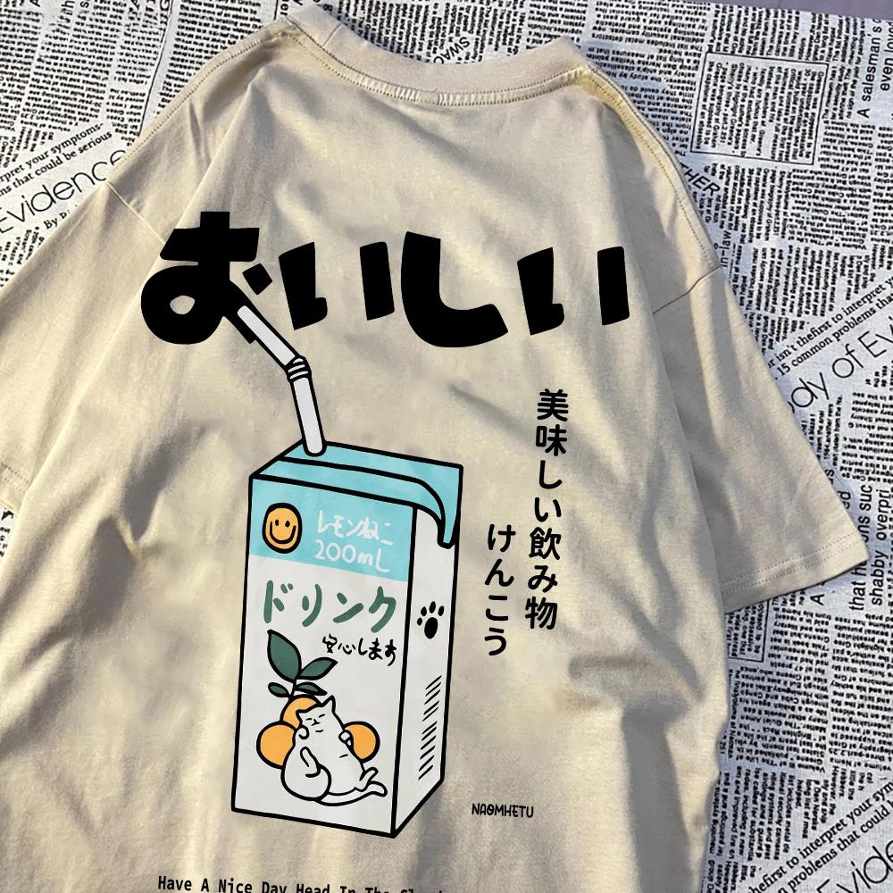 Cute Japanese cat print oversized T-shirt for children, short sleeved loose casual T-shirt