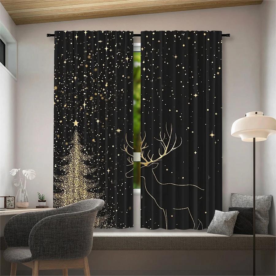 Golden Christmas Tree Elk Print Curtains Pole Bag Decorations Home Room Curtain Polyester