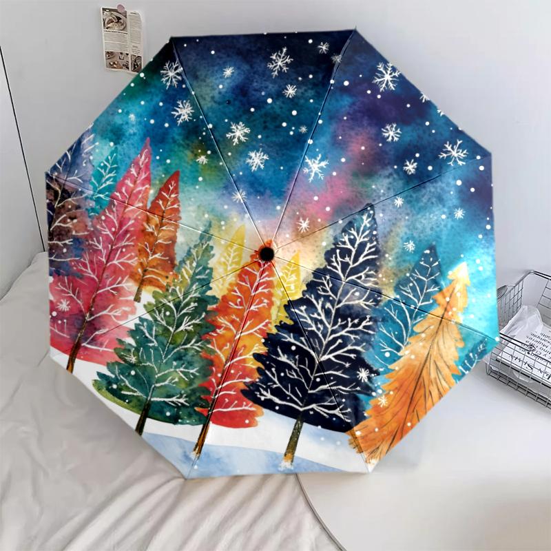 Christmas Tree pattern, automatic folding umbrella, portable and foldable design, 8 ribs, a Christmas or birthday gift.