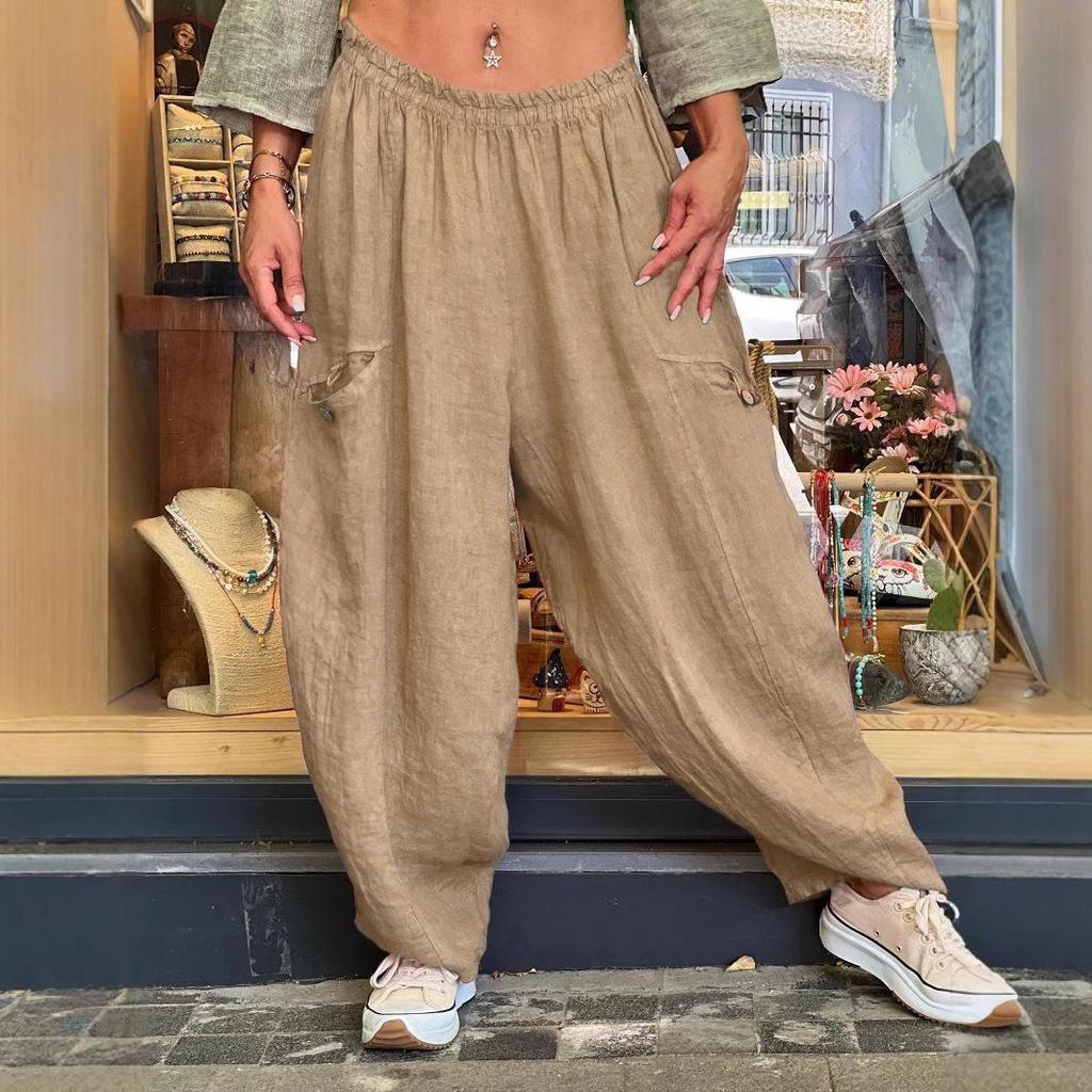 2025 European Autumn/Winter Women's Cotton Linen Wide-Leg Pants with Pockets - Loose & Slimming Design