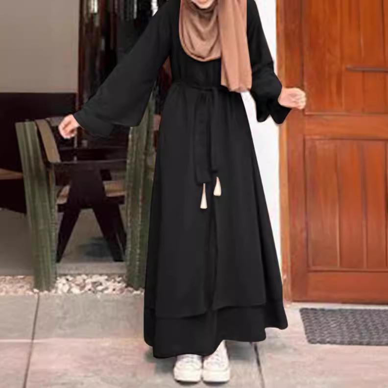 2024 Frühling/Herbst Retro Muslim Fashion Art Lose Belted Rundhalskleid