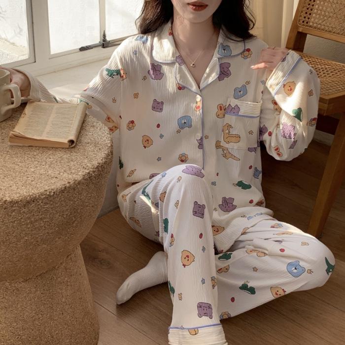 Women's 2024 Spring Polka Dot Pajama Set - Long Sleeve Cardigan and Pants In Casual Wrinkled Fabric