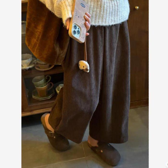 

Женские укороченные вельветовые брюки с широкими штанинами на флисовой подкладке в горошек - Ленивый японский стиль для осени/зимы XXL