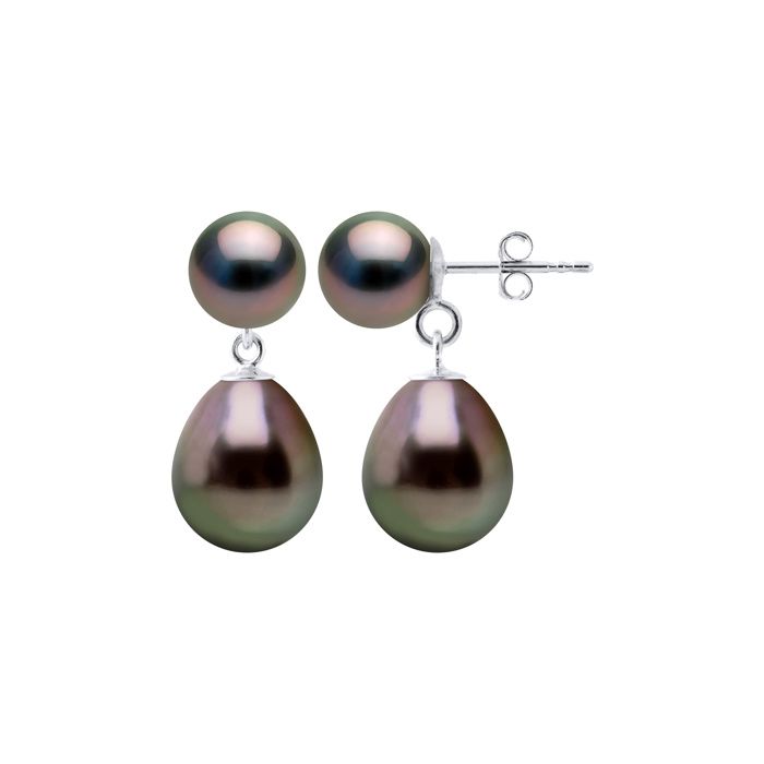 Boucles d'oreilles - PEARLS & COLORS - Boucles d'Oreilles Doubles - Perles de Tahiti 9-10 mm - Or blanc 375 - Noir