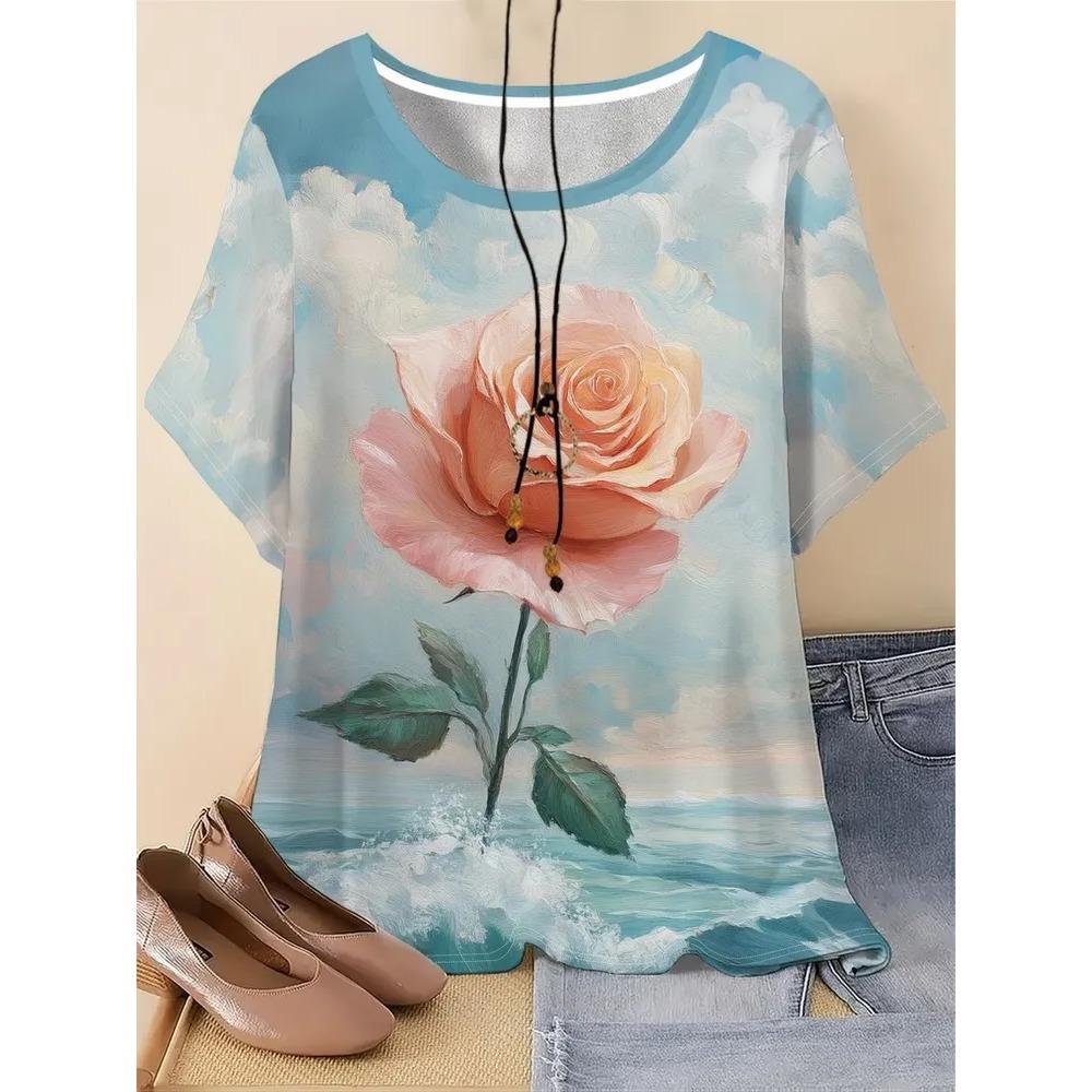 Sommer Damen 3D-Druck Rundhals T-Shirt Mode Vielseitig Atmungsaktiv Trend Lässig