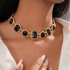 Square Circular Retro Black Earrings Collarbone Chain Dark Style Neck Chain  Party