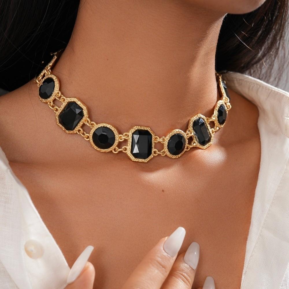 Square Circular Retro Black Earrings Collarbone Chain Dark Style Neck Chain  Party