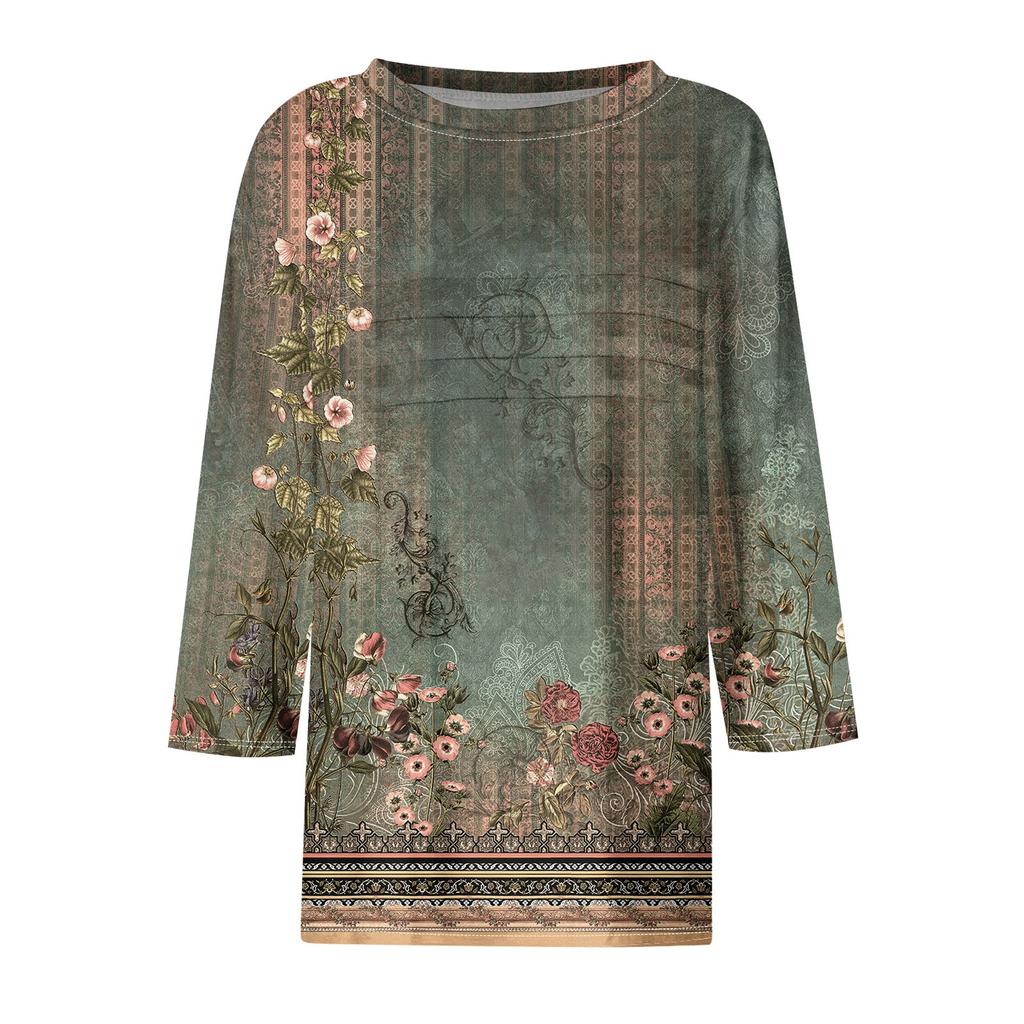 Damenmode Lässig Locker 3/4-Ärmel Blumenmuster Rundhals Oberteil