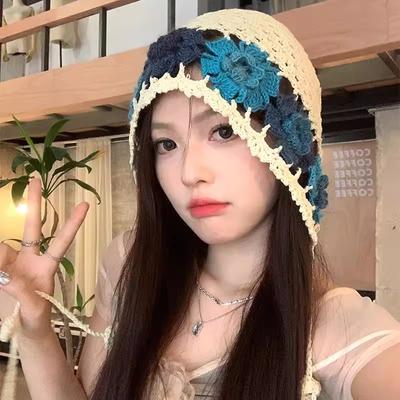 Spring and Summer Literary and Colorful Flowers Hollow Headgear Female Sweet and Cute Fashion Handmade Wool Knitted Hat
