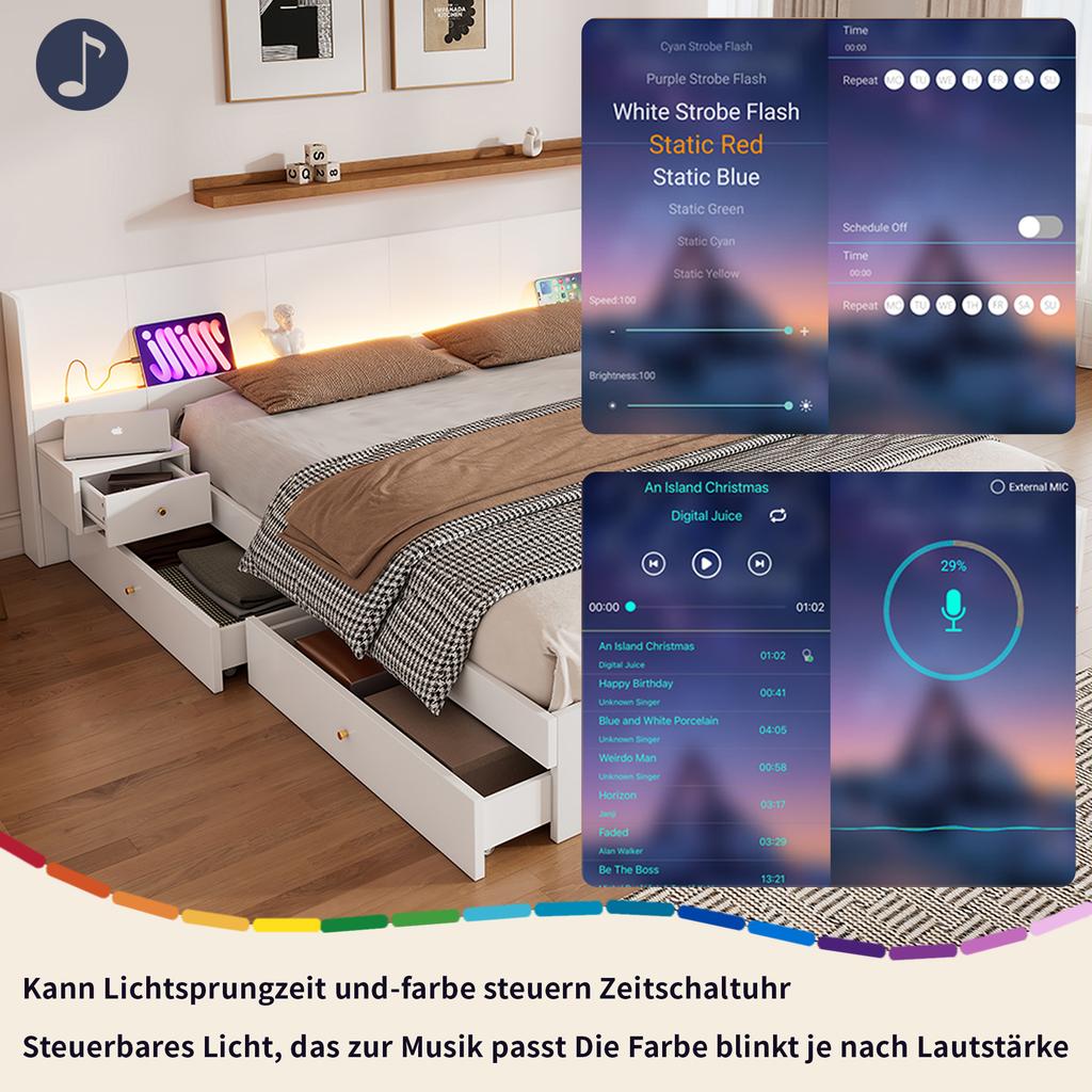 Double bed 180*200cm, with USB port, LED lighting and socket, controllable via mobile app, 2 nightstands, with drawer storage, without mattress, white