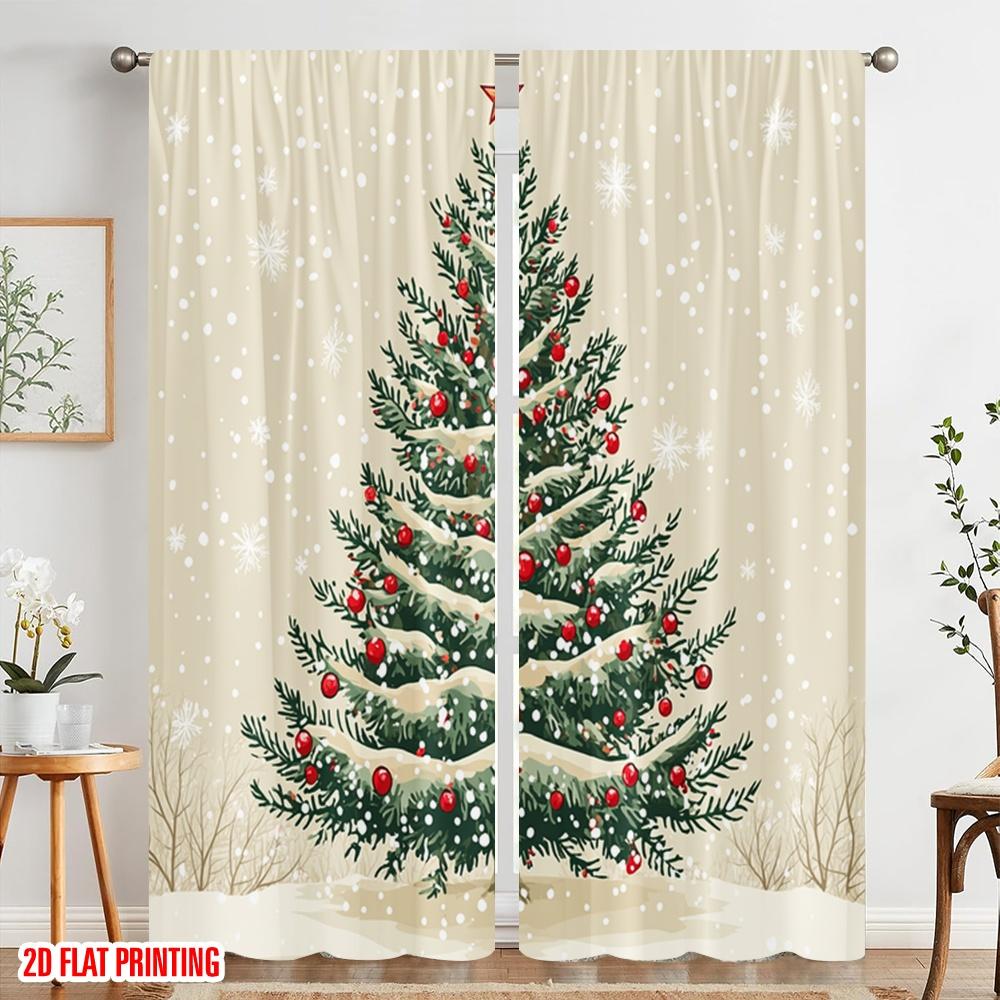 2pcs,2D plane printing Curtain Popular Christmas Tree Snow Berries (3) Versatile Polyester Fabric (without rod) Room Decor