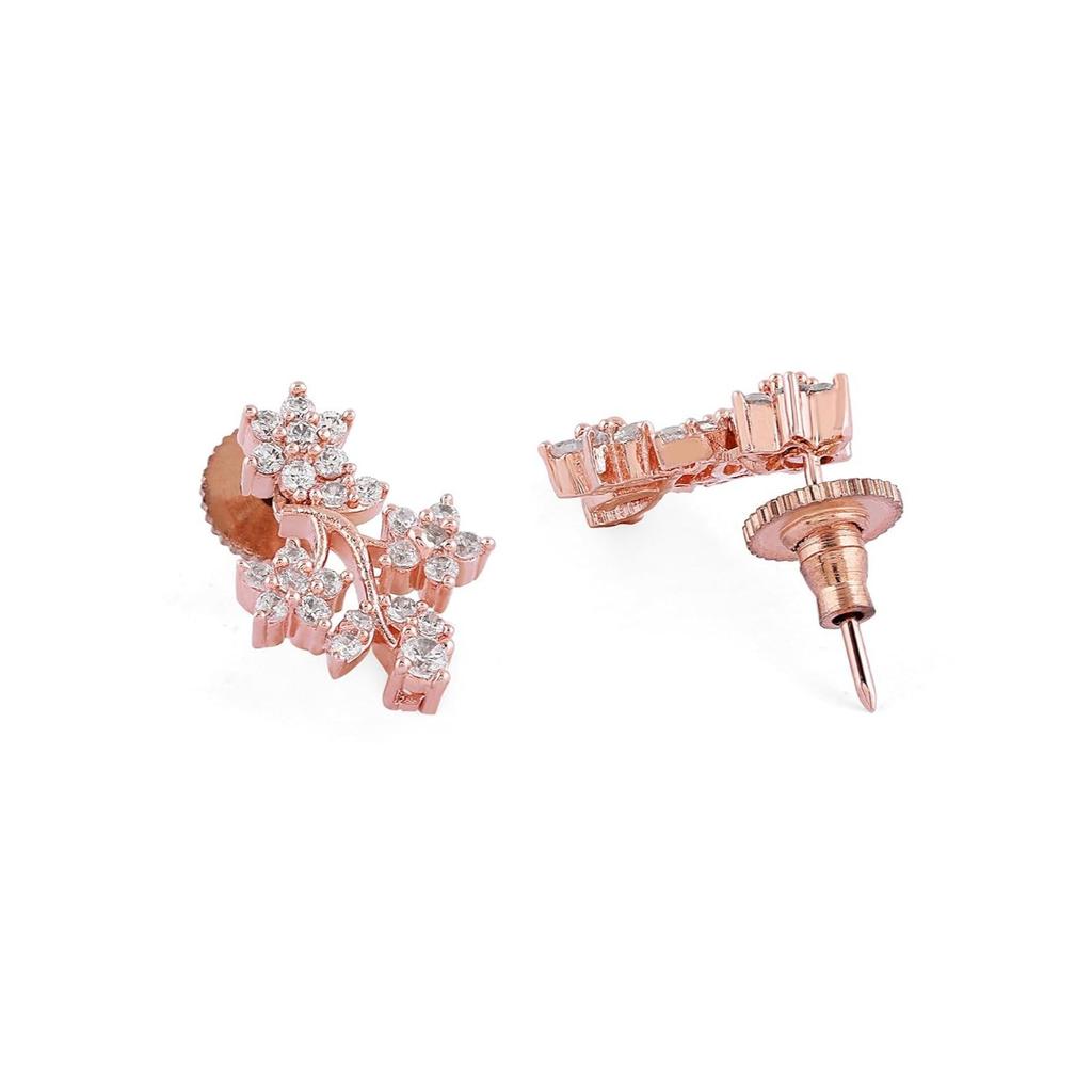 Rose Dazzling Cubic Zirconia Floral Brass Necklace & Earring Set For Women