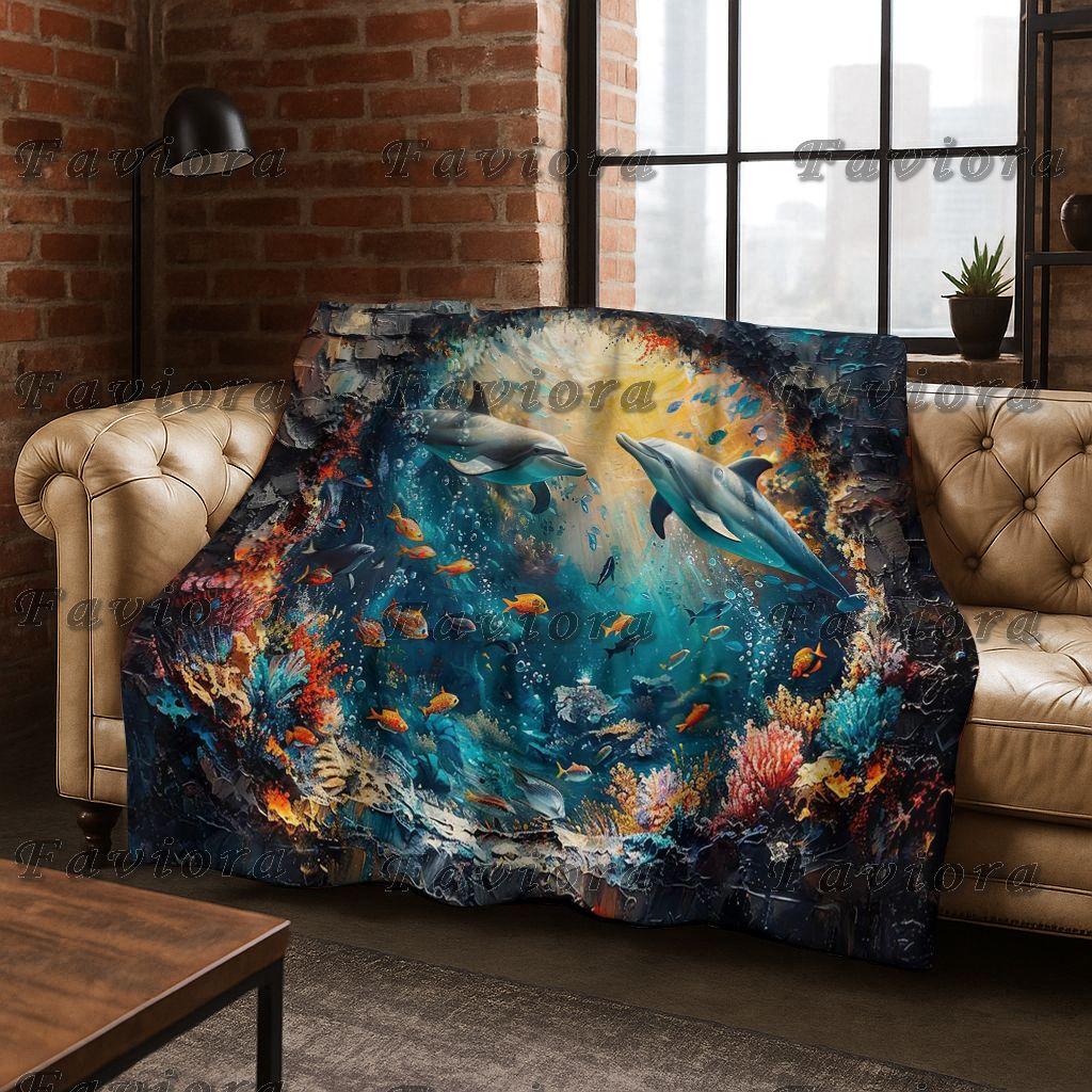 26 Style 3D Illusion Sea Underwater World Dolphin Flannel Blanket,Cozy Soft Throw Blanket for Home Bedroom Bed Sofa Cover Gift
