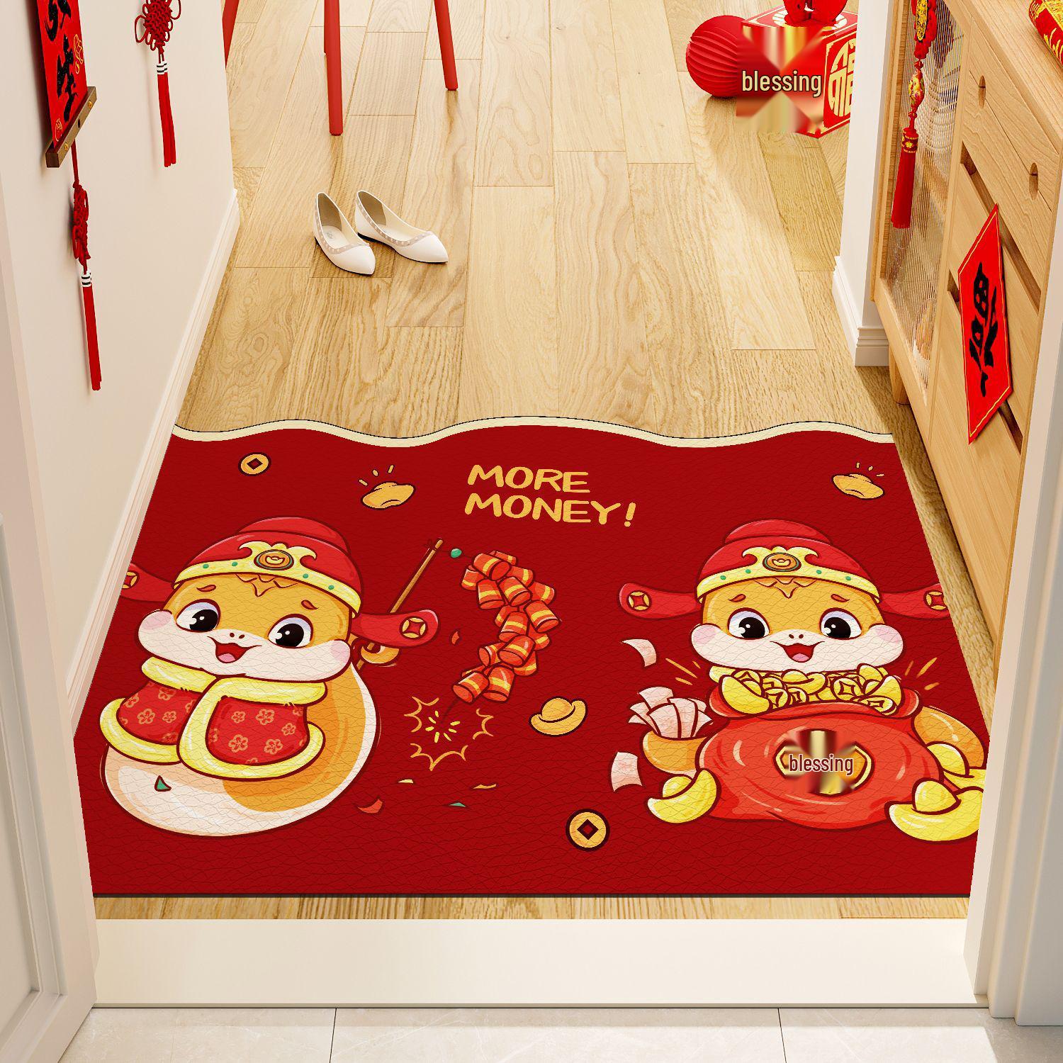 

Праздничный красный придверный коврик «Год Змеи 2025» - Мультяшный ПВХ моющийся коврик для входной двери 40x60cm (Leather)