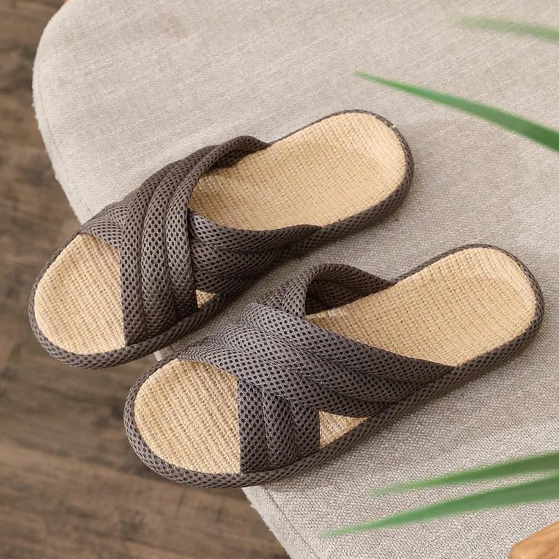 Fashion Women Home Floor Flax Slippers 2025 Spring Summer Shoes Breathable Fabric Anti-slip Couples Indoor Linen Slides House Footwear