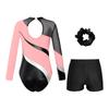 Girls Gymnastics Outfit Long Sleeve Rhinestone Leotard Cutout Back Patchwork Design with Waistband Shorts
