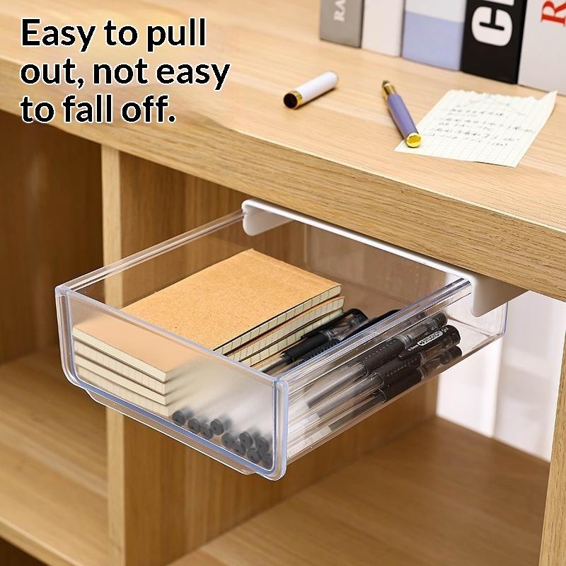 Transparent Under Desk Drawer Organizer Self Adhesive Heavy Duty Large Capacity Storage Box for Home Office Desk Use