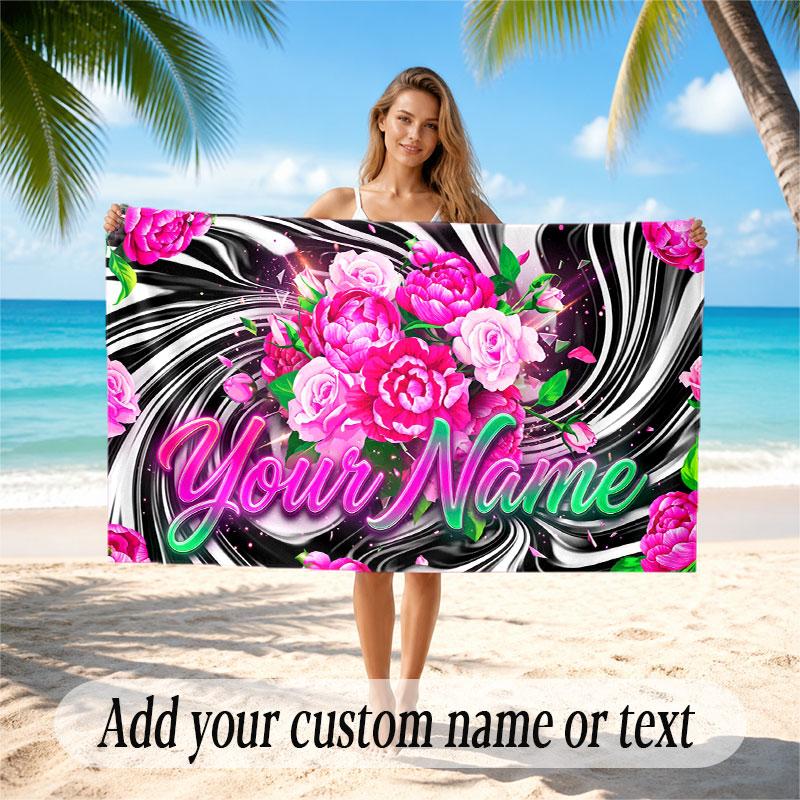 Floral Garden Theme Soft Beach Towel Personalized Custom Name Text Towel Portable for Beach Pool Travel