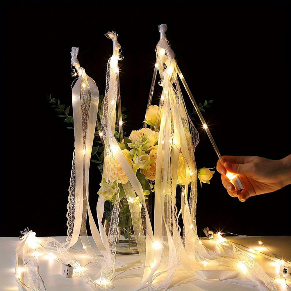 Ribbon Fairy Wand Light-up Wedding Wand Glow Lace And Ribbon Stick with Bell for Wedding Birthday Party New Year Celebration