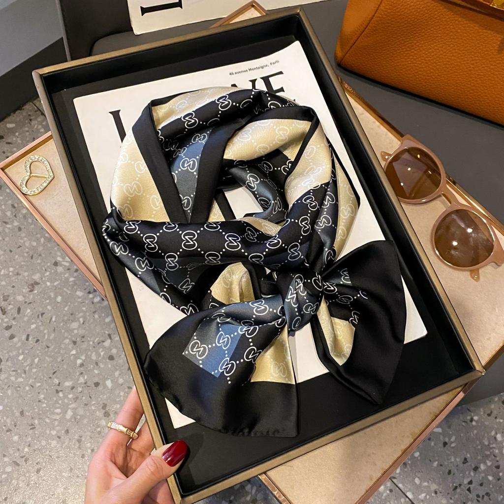 Luxury Women Elegant Boho-Chic Print Scarf Headband Neckerchief Foulard Female Hair Scarfs Neck Tie Skinny Scarves Soft Satin